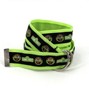VTG Oscar the Grouch Lime Green/Black Nylon Webbing D-Ring Belt Unisex Large 46”